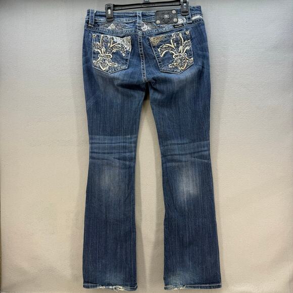 Miss Me Denim - Miss Me Jeans Women's 30x34 Blue Signature Boot Lace Fleur De Lis Pockets